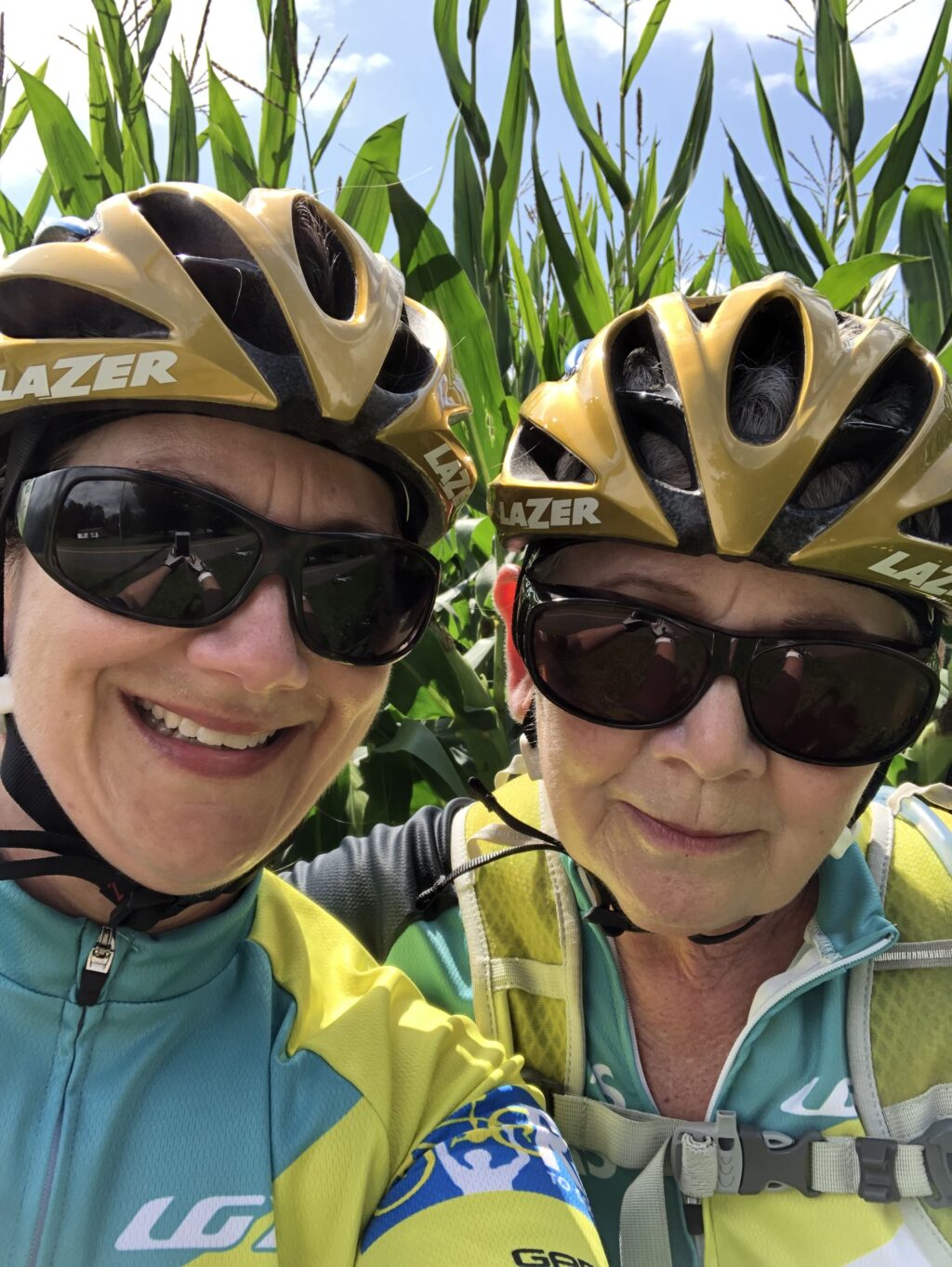 Chrissie Thernes and Karen, with their golden helmets